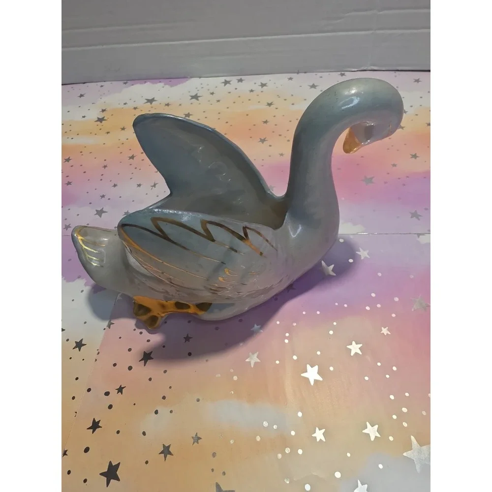 Vtg Swan Retro Gray Porcelain Hollywood Regency Planter Vase 22k Gold Warranted